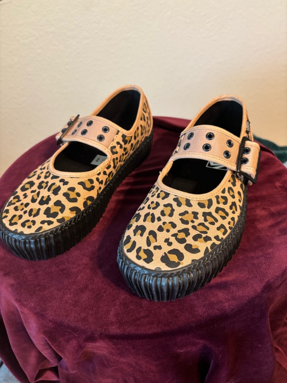 Vans Leopard Print Mary Jane Platform Shoes - Tan/Black